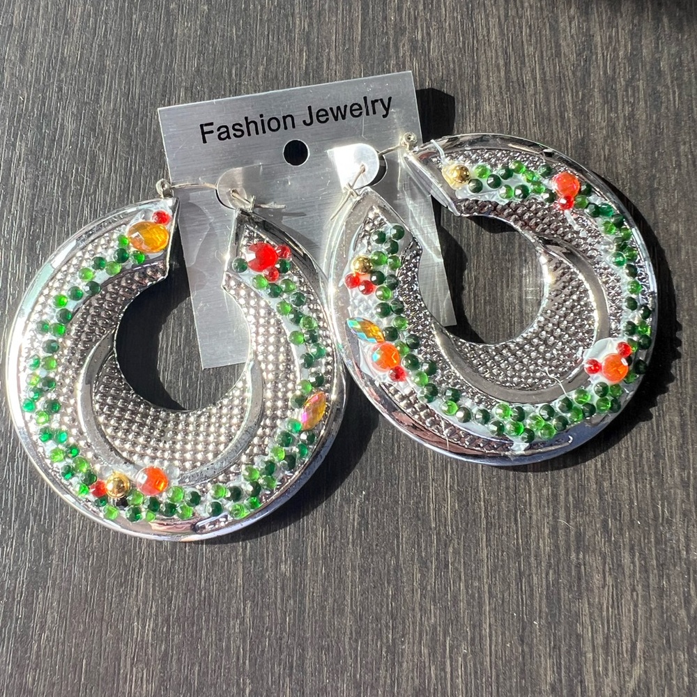 Hand Crafted Silver Wreath decor Ugly Sweater Earrings Green and Red Christmas